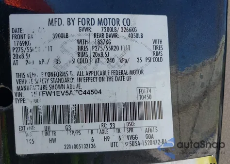 2010 Ford F-150 Fx4/Harley-Davidson/King Ranch/Lariat/Platinum/Xl/Xlt из США, поврежденный, VIN 1FTFW1EV5AFC44504